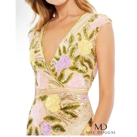 Mac Duggal Floral Beaded V-Neck High Slit Cap Sleeve Evening Gown Size 12 NWT - Picture 3 of 10